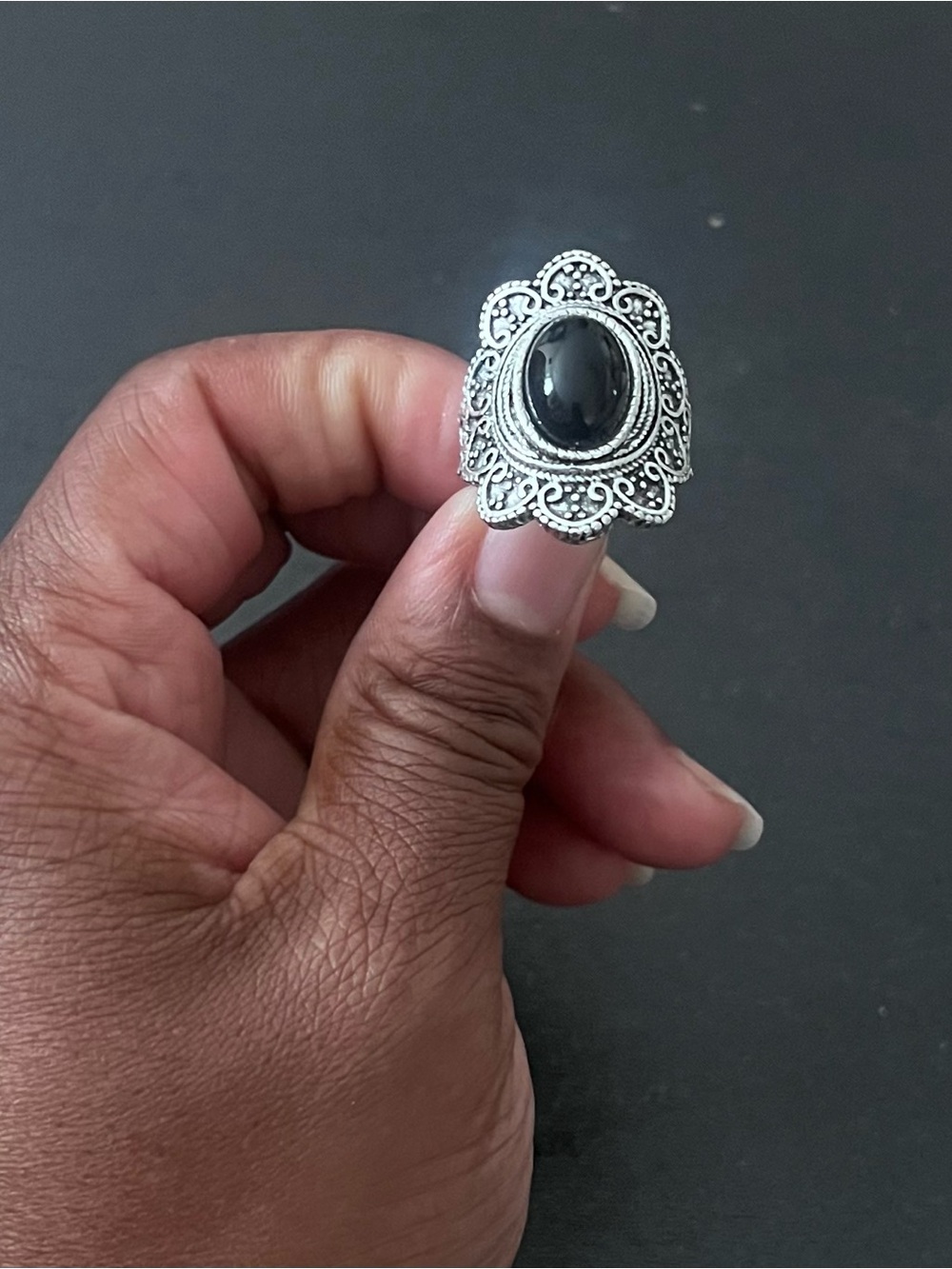 Silver Filigree Statement Ring with Black Stone - Women Jewelry